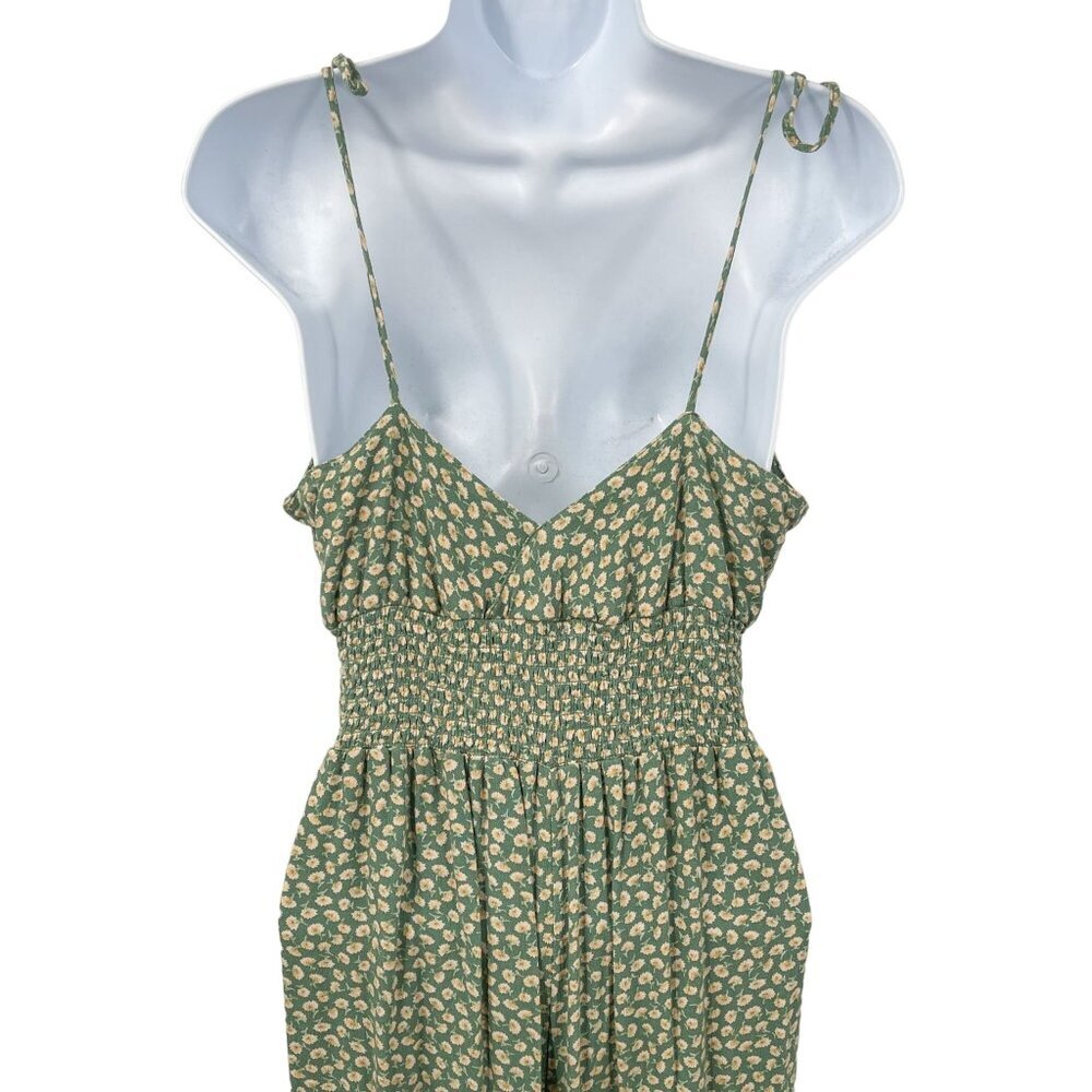 American Eagle Green Floral Smocked Tie Shoulder Sleeveless Jumpsuit Cottagecore - Picture 8 of 11